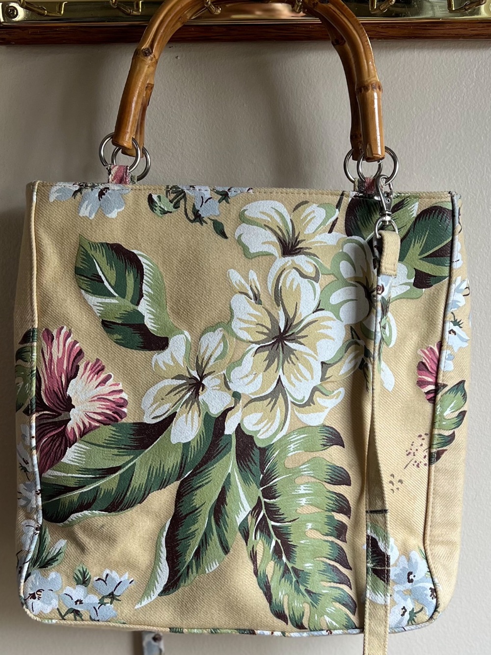 Sunny Hawaii Tropical Floral Bamboo Handle Canvas Tote Bag